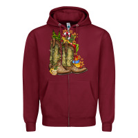 Burgundy Christmas Boots Zipper Hoodie - CowhideDigitalArt