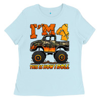 Baby Blue i'm four this is how i roll monster truck birthday Ladies Tee - Jasminsmagicworld