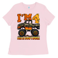 Bubblegum Pink i'm four this is how i roll monster truck birthday Ladies Tee - Jasminsmagicworld