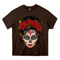 Chocolate Brown mexican sugar skull messy bun woman Heavy Core Tee - LillyAllenDesigns
