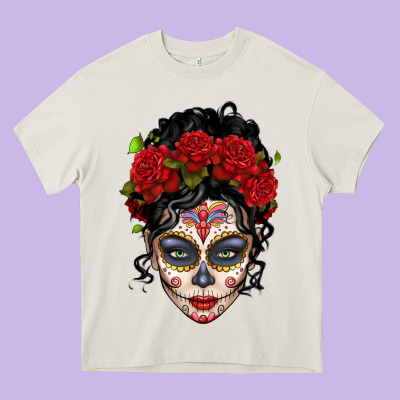 Mexican Sugar Skull Messy Bun Woman Heavy Core Tee Designed By Lillyallendesigns