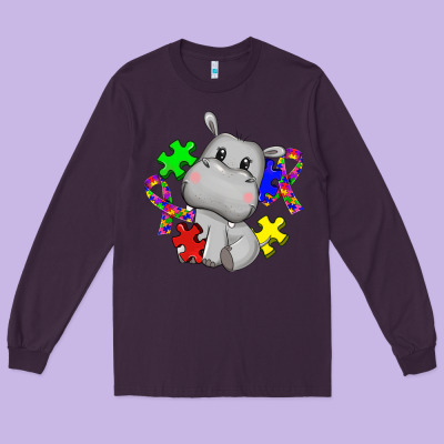 Autism Hippopotamus Long Sleeve Tee Designed By Cowgirlartshop