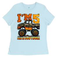 Baby Blue i'm five this is how i roll monster truck birthday Ladies Tee - Jasminsmagicworld