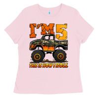 Bubblegum Pink i'm five this is how i roll monster truck birthday Ladies Tee - Jasminsmagicworld