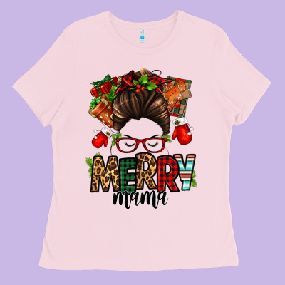 Christmas Merry Mama Messy Bun Ladies Tee Designed By Jasminsmagicworld