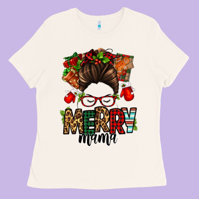 Christmas Merry Mama Messy Bun Ladies Tee Designed By Jasminsmagicworld