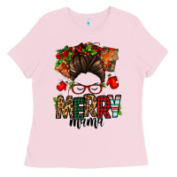 Bubblegum Pink Christmas merry mama messy bun Ladies Tee - Jasminsmagicworld