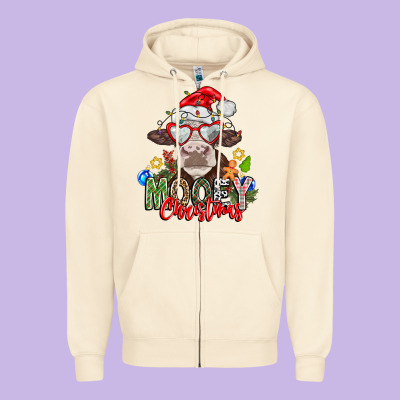 Mooey Christmas Zipper Hoodie Designed By Cowhidedigitalart