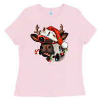 Bubblegum Pink Christmas cow with antlers Ladies Tee - Jasminsmagicworld