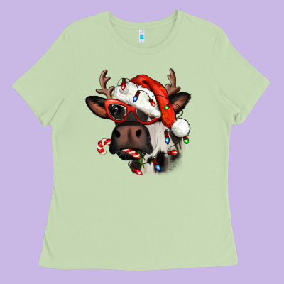 Christmas Cow With Antlers Ladies Tee Designed By Jasminsmagicworld