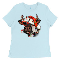 Baby Blue Christmas cow with antlers Ladies Tee - Jasminsmagicworld