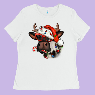 Christmas Cow With Antlers Ladies Tee Designed By Jasminsmagicworld