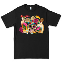 Black mexican skull sombrero tequila bottle paper roses Premium Tee - Artiststas