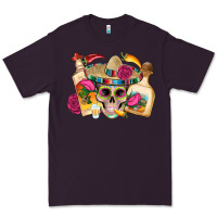 Plum mexican skull sombrero tequila bottle paper roses Premium Tee - Artiststas