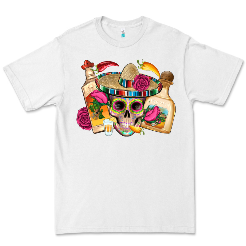 Mexican Skull Sombrero Tequila Bottle Paper Roses Premium Tee by Artiststas | Teevron