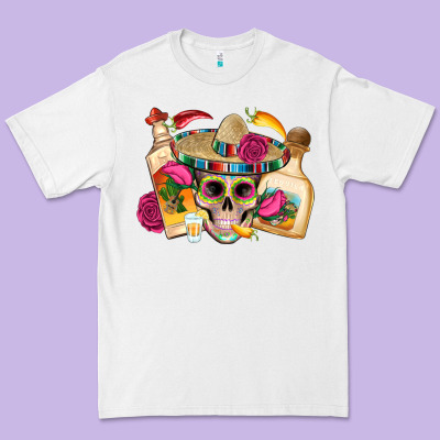 Mexican Skull Sombrero Tequila Bottle Paper Roses Premium Tee Designed By Artiststas
