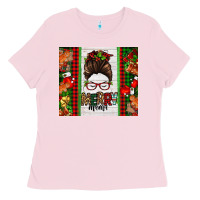 Bubblegum Pink Christmas merry mama messy bun Ladies Tee - Jasminsmagicworld