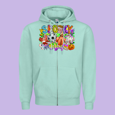 Spooky Vibes Ghost Zipper Hoodie Designed By Cowhidedigitalart