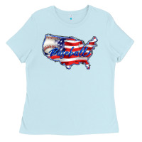 Baby Blue usa flag baseball Ladies Tee - BarkalooDesign