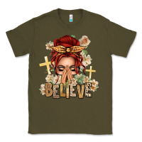 Army Green Red Hair Believe Praying Caucasian Messy Bun Classic Tee - texasbilliewilder