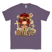 Lavender Red Hair Believe Praying Caucasian Messy Bun Classic Tee - texasbilliewilder