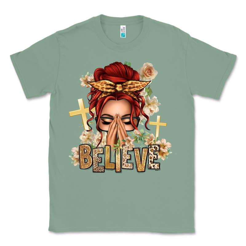 Red Hair Believe Praying Caucasian Messy Bun Classic Tee by texasbilliewilder | Teevron