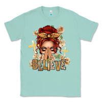 Seafoam Red Hair Believe Praying Caucasian Messy Bun Classic Tee - texasbilliewilder