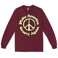 Burgundy Make America Groovy Again Peace Sign 70S Retro Long Sleeve Tee - lanVoArt