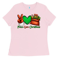 Bubblegum Pink peace love Christmas Santa Claus hand Ladies Tee - Jasminsmagicworld