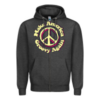 Charcoal Heather Make America Groovy Again Peace Sign 70S Retro Zipper Hoodie - lanVoArt