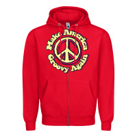 Red Make America Groovy Again Peace Sign 70S Retro Zipper Hoodie - lanVoArt