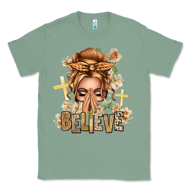 Blonde Hair Believe Praying Caucasian Messy Bun Classic Tee by texasbilliewilder | Teevron