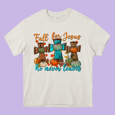 Fall For Jesus He Never Leaves Heavy Core Tee Designed By Bundleandbundleshop