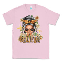 Bubblegum Pink Silver White Believe Praying Caucasian Messy Bun Classic Tee - texasbilliewilder