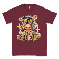 Burgundy Silver White Believe Praying Caucasian Messy Bun Classic Tee - texasbilliewilder