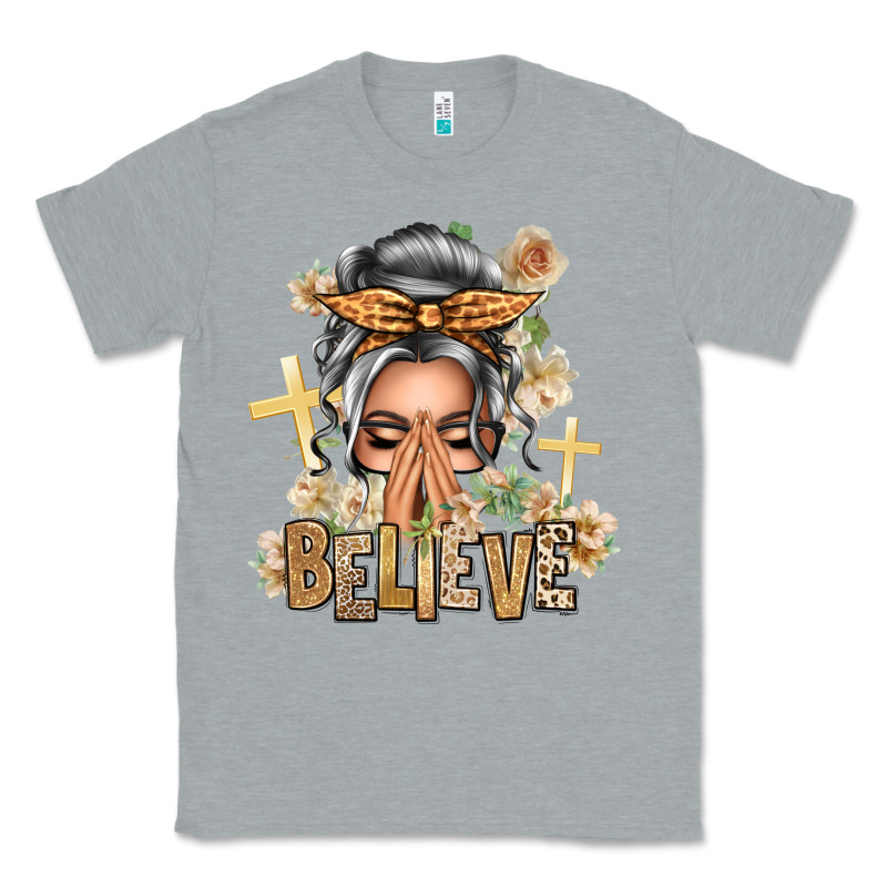 Silver White Believe Praying Caucasian Messy Bun Classic Tee by texasbilliewilder | Teevron