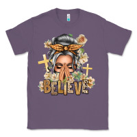 Lavender Silver White Believe Praying Caucasian Messy Bun Classic Tee - texasbilliewilder