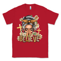 Red Silver White Believe Praying Caucasian Messy Bun Classic Tee - texasbilliewilder