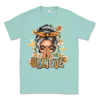 Seafoam Silver White Believe Praying Caucasian Messy Bun Classic Tee - texasbilliewilder