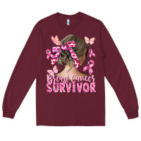 Burgundy breast cancer survivor messy bun Long Sleeve Tee - CowGirlArtShop
