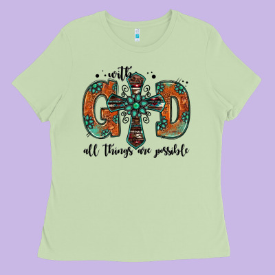 With God All Things Are Possible Gemstone Cross Ladies Tee Designed By Jasminsmagicworld