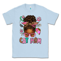 Dusty Blue Afro Messy Bun Cat Mom Classic Tee - texasbilliewilder