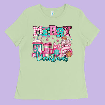 Merry Christmas Pink Coffee Cups Ladies Tee Designed By Jasminsmagicworld
