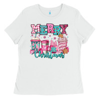 White merry christmas pink coffee cups Ladies Tee - Jasminsmagicworld