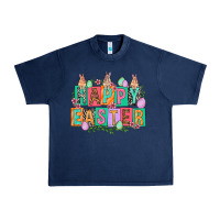 Navy Happy Easter with plate letters Easter Day Urban Heavy Tee - HowdyJamesFarm