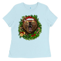 Baby Blue christmas bear  wreath Ladies Tee - BarkalooDesign