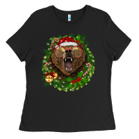 Black christmas bear  wreath Ladies Tee - BarkalooDesign