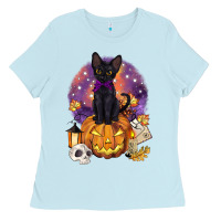 Baby Blue halloween black cat pumpkin Ladies Tee - BarkalooDesign