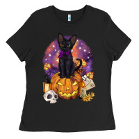 Black halloween black cat pumpkin Ladies Tee - BarkalooDesign