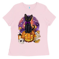 Bubblegum Pink halloween black cat pumpkin Ladies Tee - BarkalooDesign